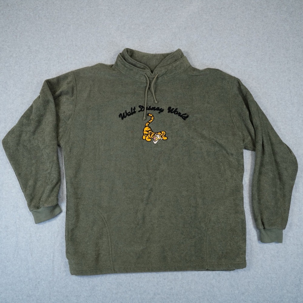 VTG Disney Tigger Sweater Mens Medium Green Fleece Pullover Pockets USA Made